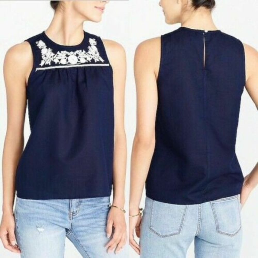 J. Crew Size 4 Navy Floral Embroidered Linen Top
